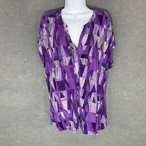 Dana‎ Buchman Top Women Sz XL Vibrant Purple Geometric Print Short Sleeve Blouse